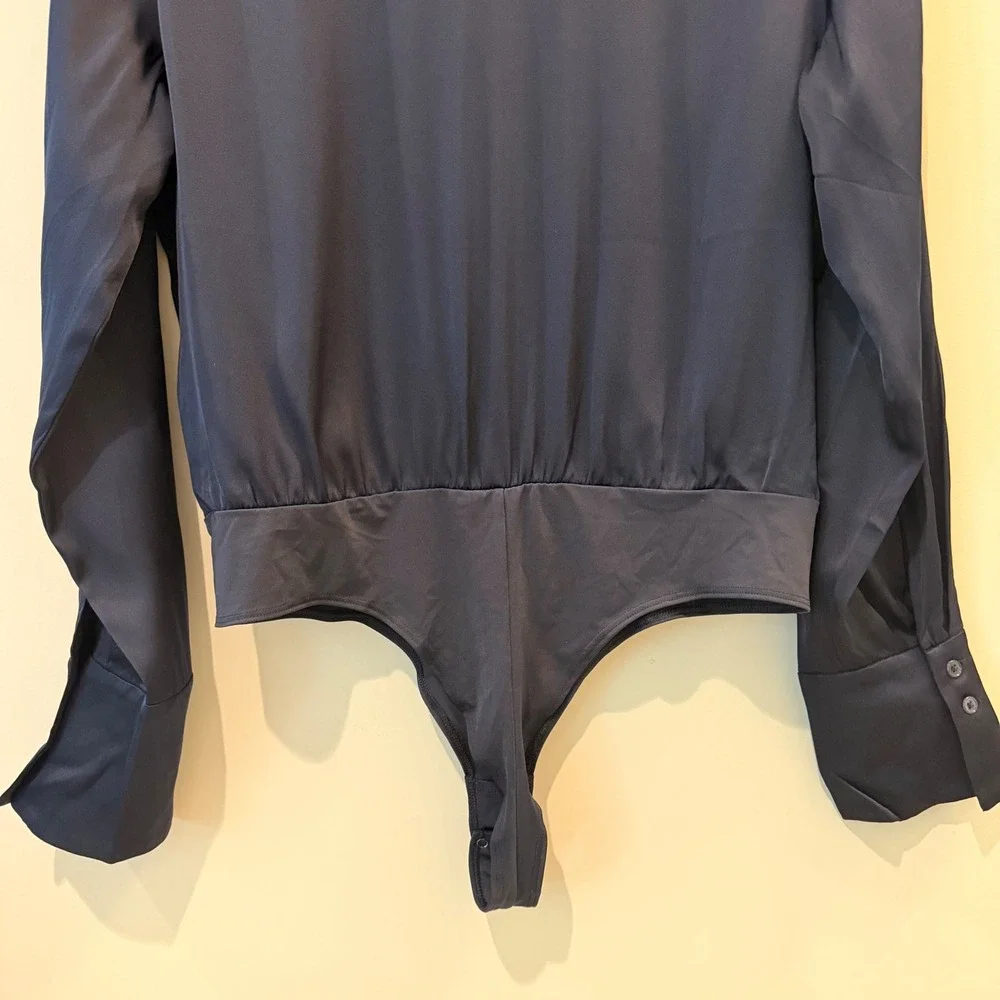 Quince Washable Stretch Silk Surplice Bodysuit Wrap Front Long Sleeve Date Navy
